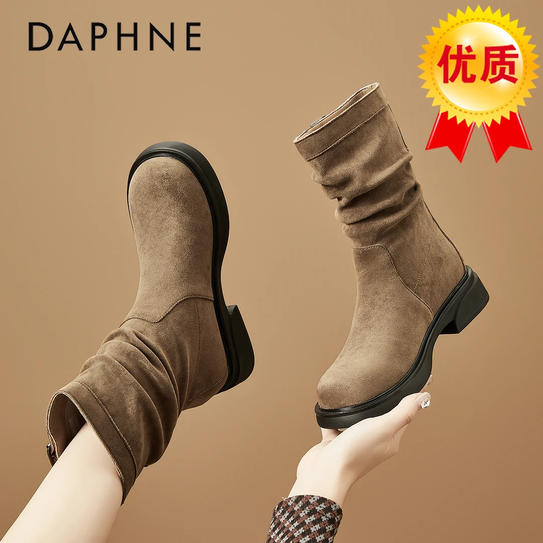 达芙妮琥珀流光靴子女厚底褶皱马丁靴短靴2025新款秋冬复古骑士靴