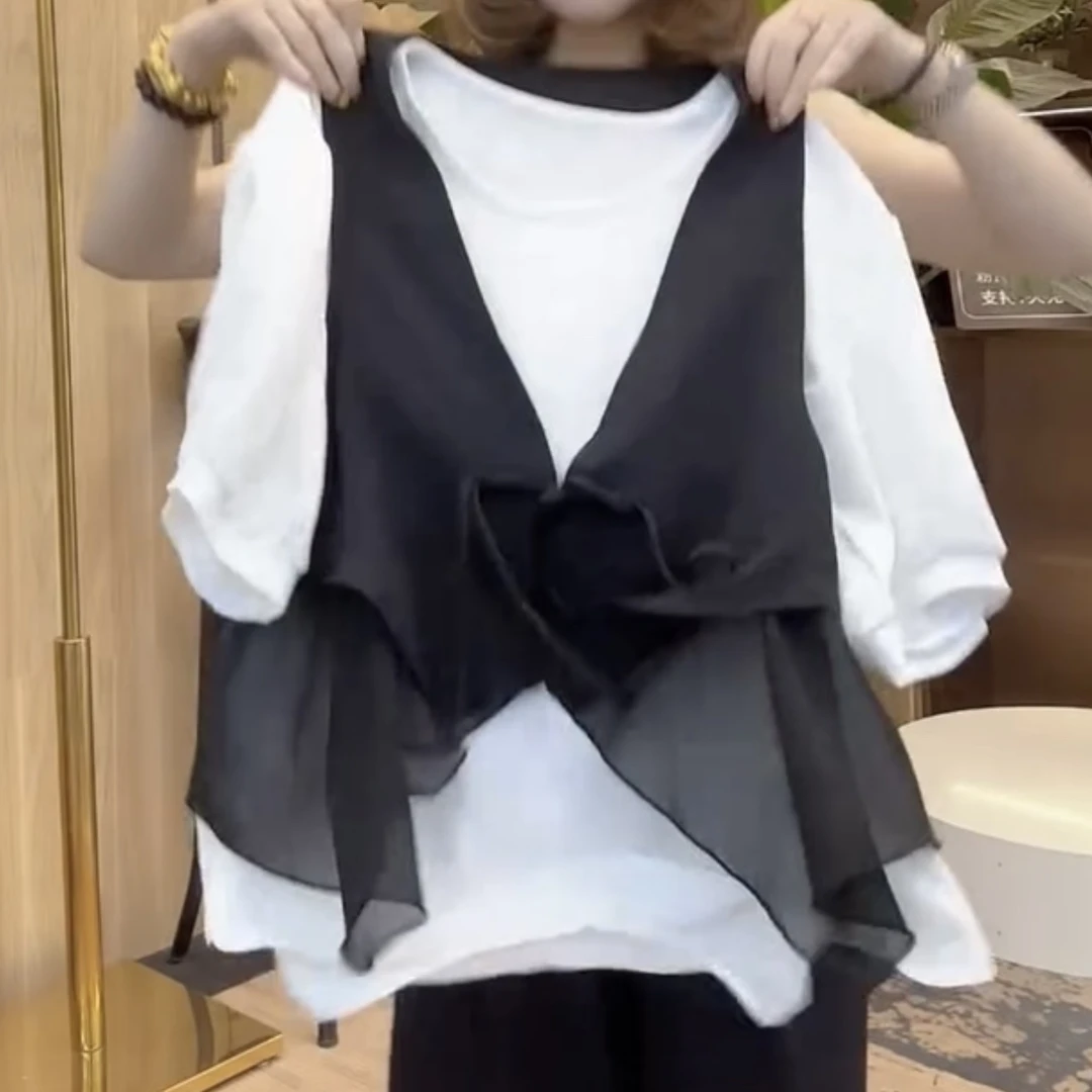 时尚宽松显瘦夏季中长款气质上衣女两件马甲西装女装短袖衬衫5163