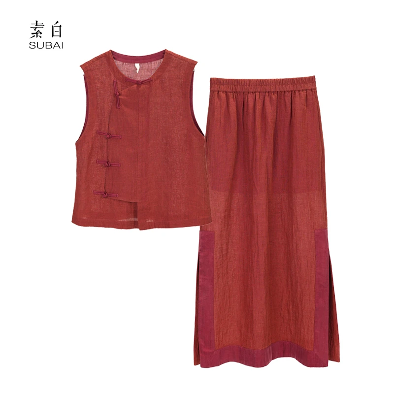 素白【山月记】国风设计感潮酷盘扣斜襟亚麻无袖套装SB2503CP01301