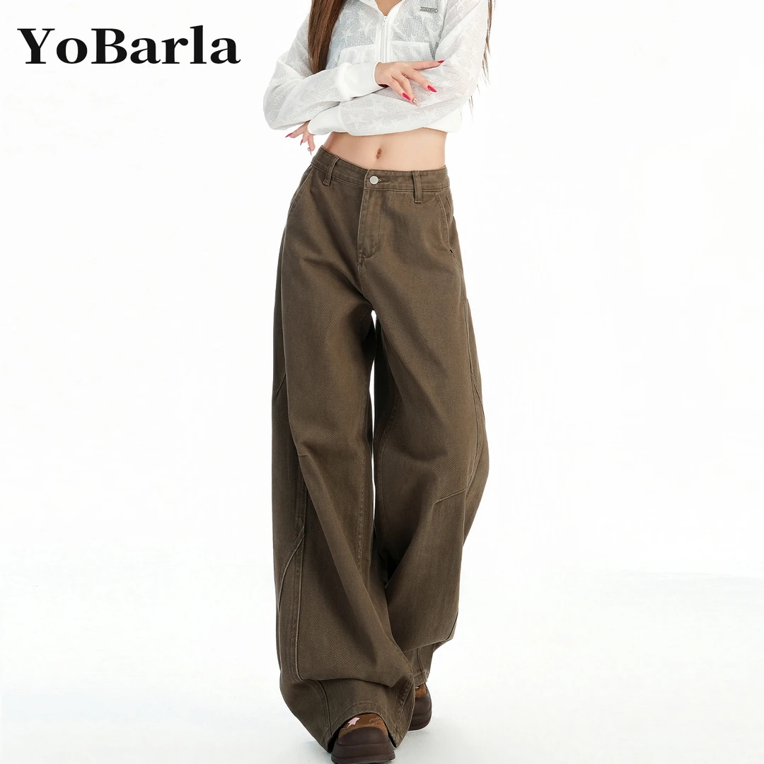 棕咖色直筒牛仔裤女秋冬加绒大码胖mm宽松显瘦梨型身材阔腿牛仔裤