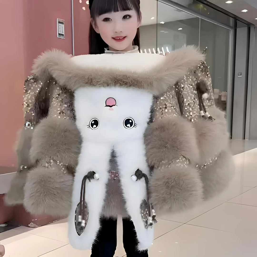 女童冬季加绒加厚仿皮草毛毛外套2025最新款女孩亮片兔耳朵派克服