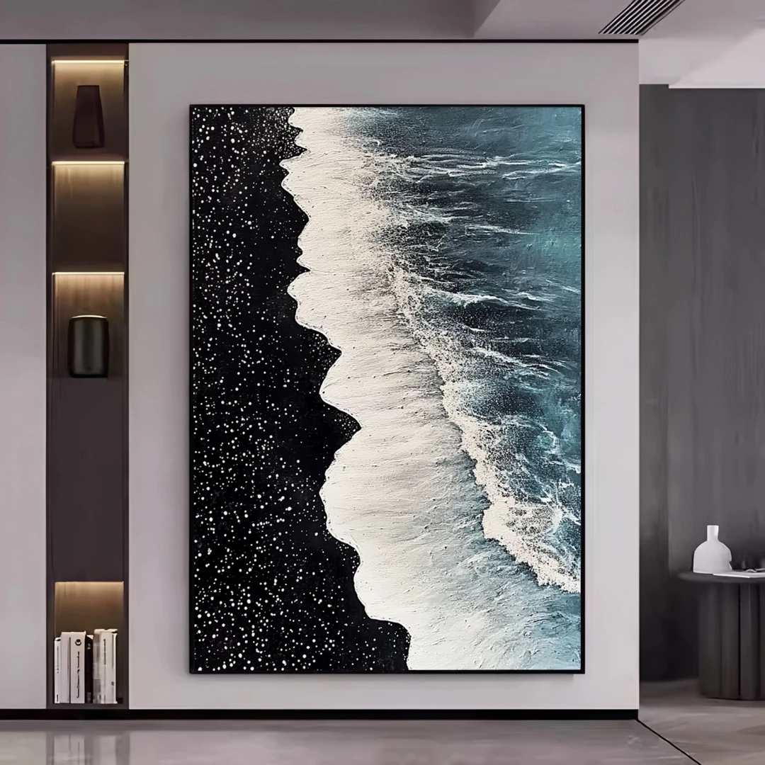 黑白浪潮肌理抽象砂岩画客厅背景墙玄关落地摆装饰画玄关过道壁画