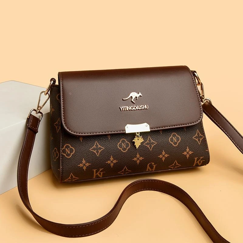 袋鼠时尚女包印花百搭单肩包2025秋冬新款手提包妈妈包真皮斜挎包