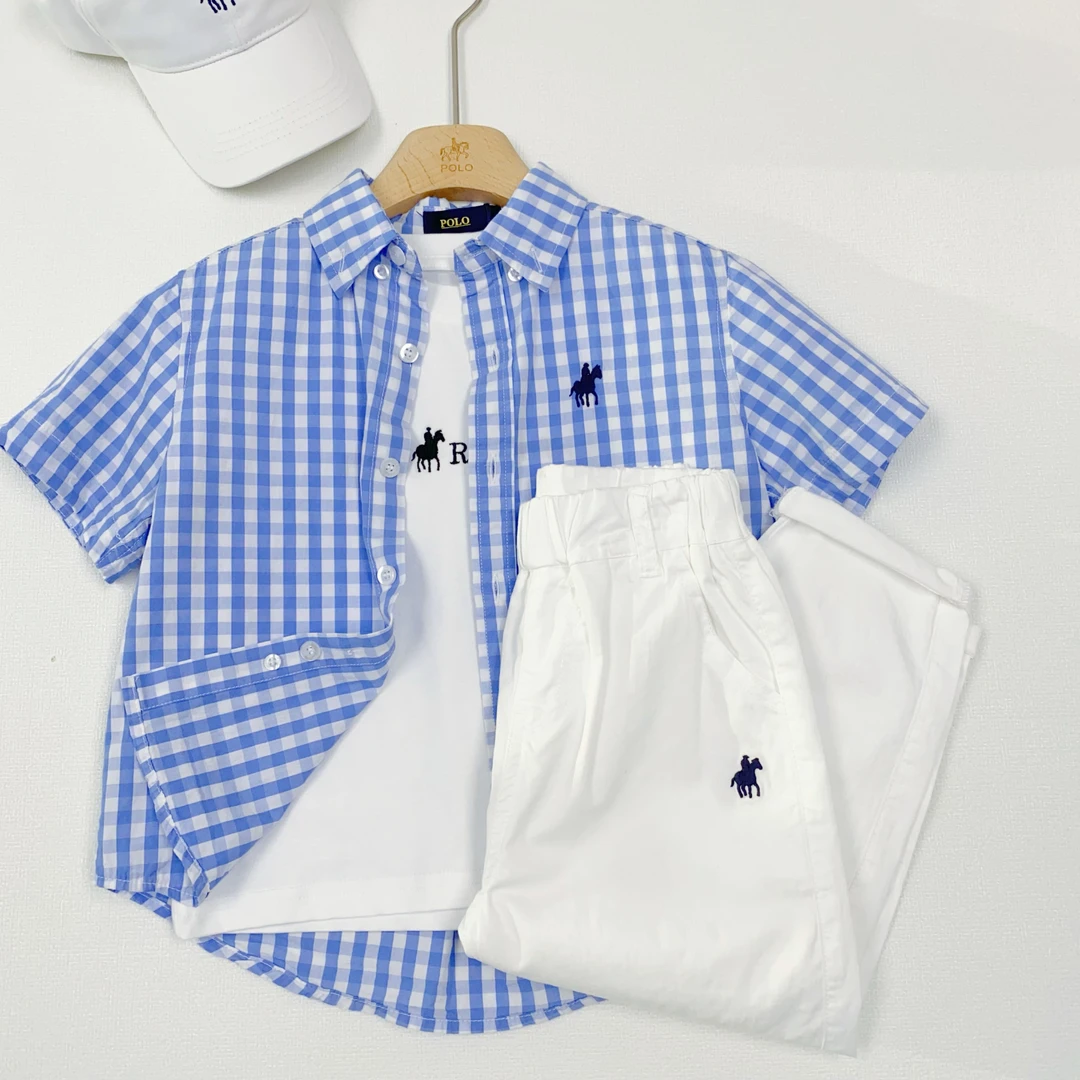 夏季新款儿童休闲蓝色格子短袖衬衫中大童宝宝时尚棉翻领开衫半袖