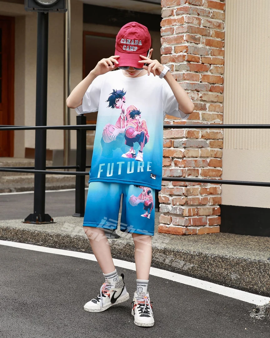 2025男女童夏季新款速干国潮卡通动漫篮球服套装儿童运动中大童