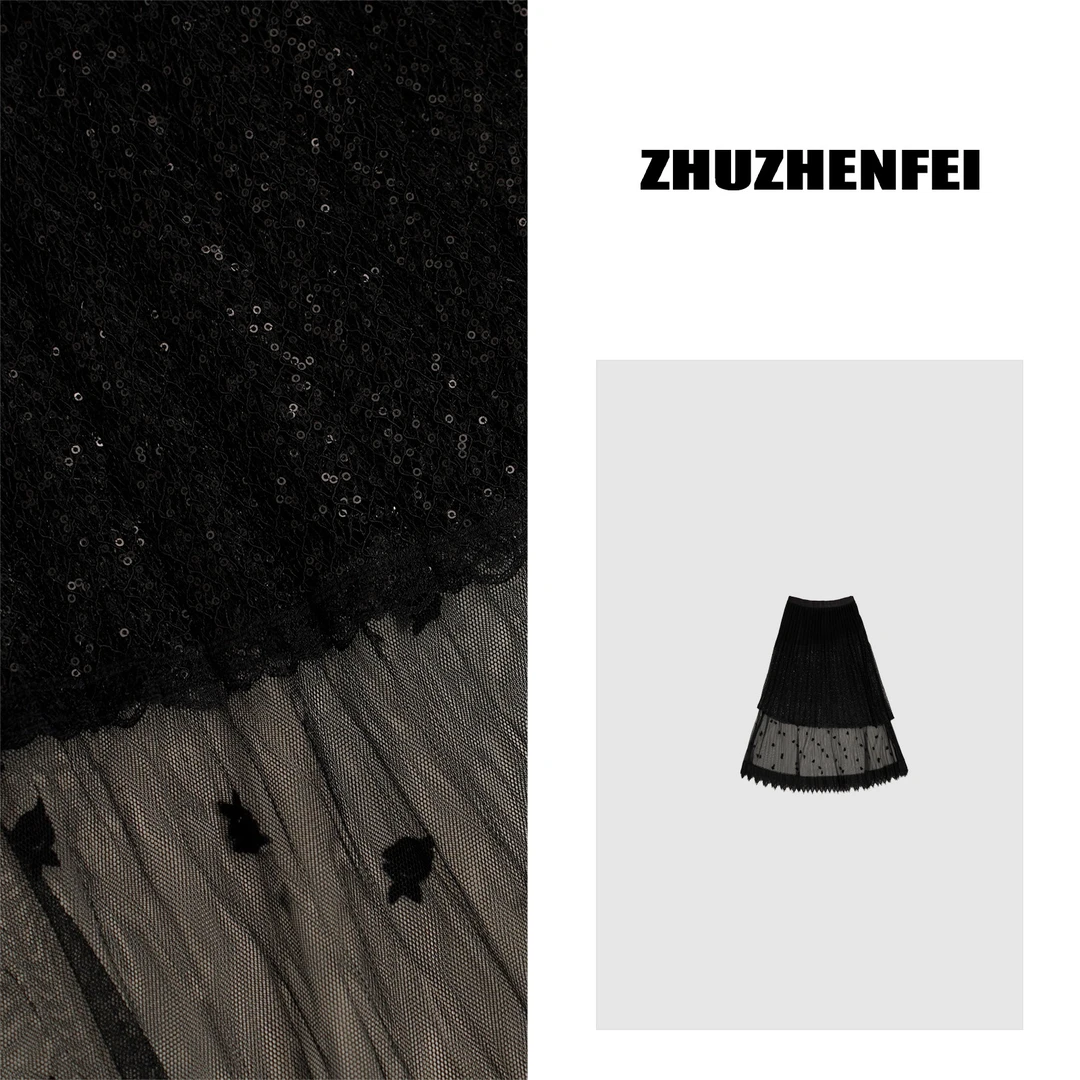 ZHUZHENFEI【简雅】黑色波点不规则百搭A版显瘦半身裙Z352259