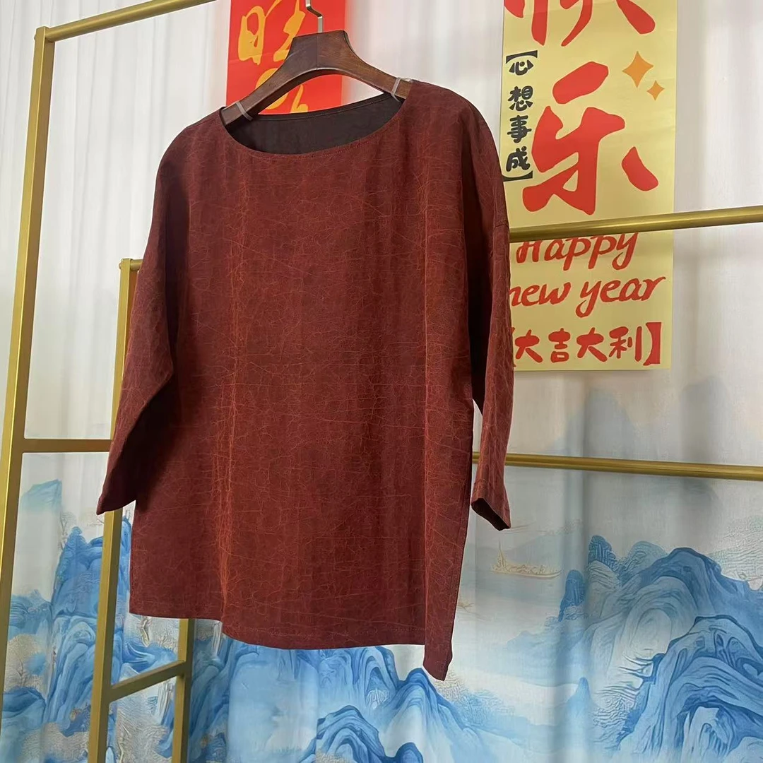 2025春夏新款百搭时尚红色香云纱上衣
