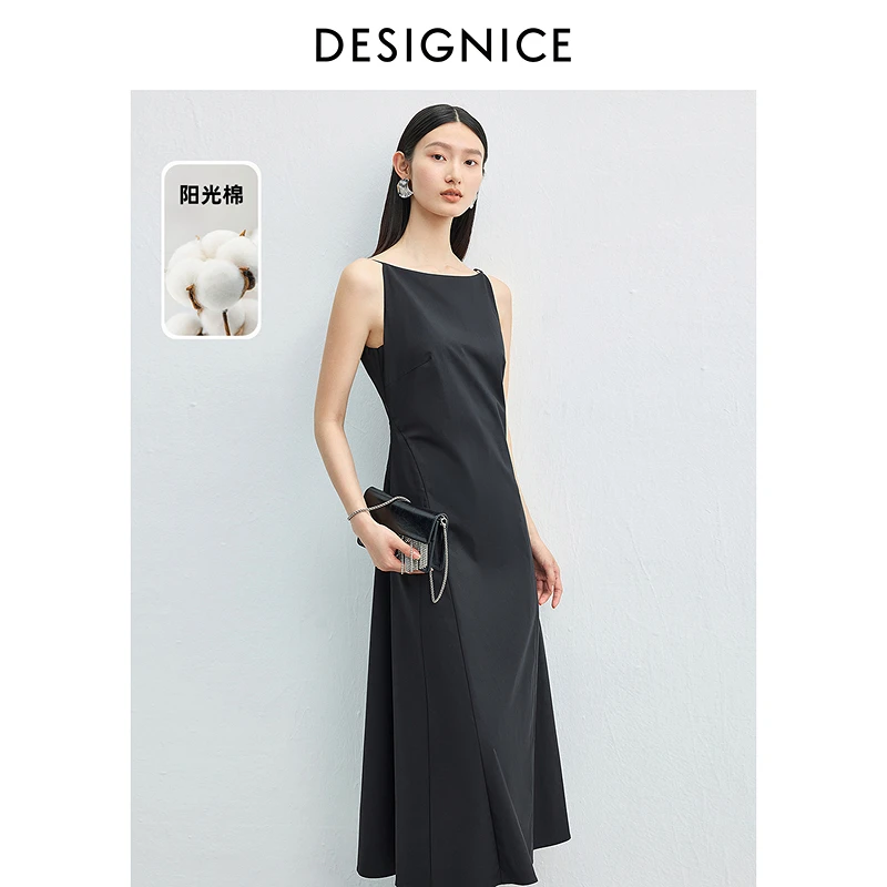 迪赛尼斯夏季通勤气质千金风黑色长裙无袖高腰连衣裙