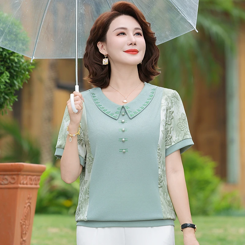妈妈夏装短袖T恤女中老年洋气女装上衣2025夏季时尚百搭宽松小衫