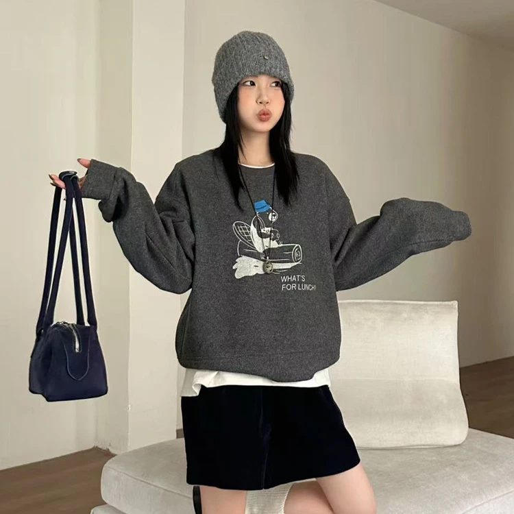 ID.sisters57938加绒卫衣女2025秋冬宽松圆领卡通熊保暖上衣外套