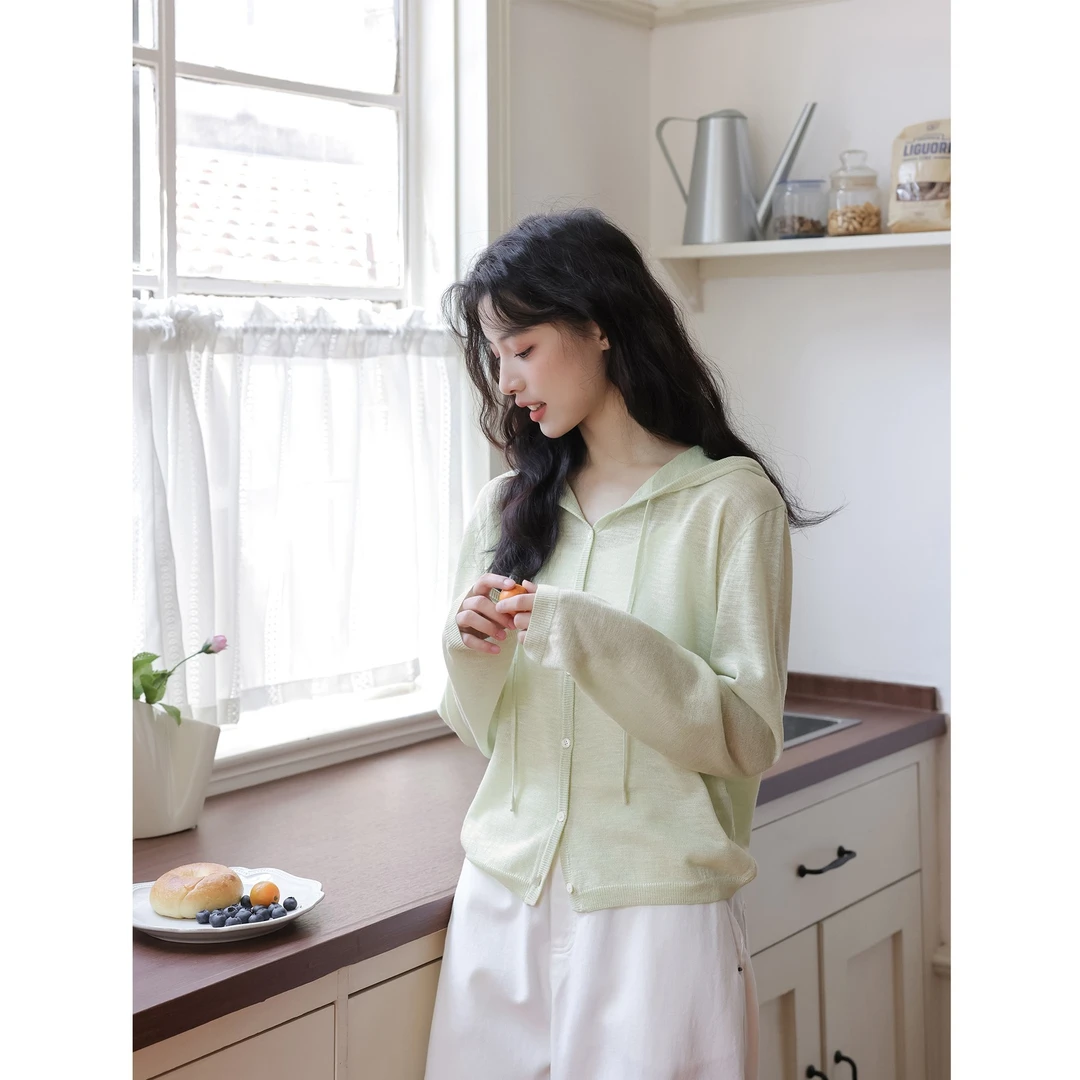 蜜瓜苏打/清透裸感 绿色开衫女春夏外套薄长袖上衣新/糯米不开花