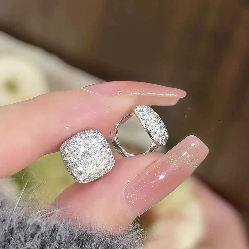 铜合金耳饰 925银针微镶锆石方形耳扣轻奢高级感气质细闪方糖耳饰