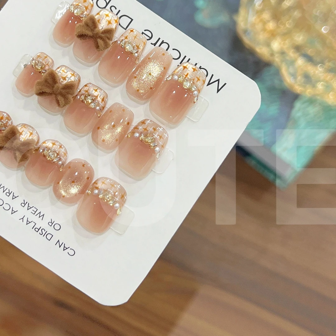 【丝绒小香】秋冬美拉德色系丝绒蝴蝶结纯手工穿戴甲美甲贴片10片装