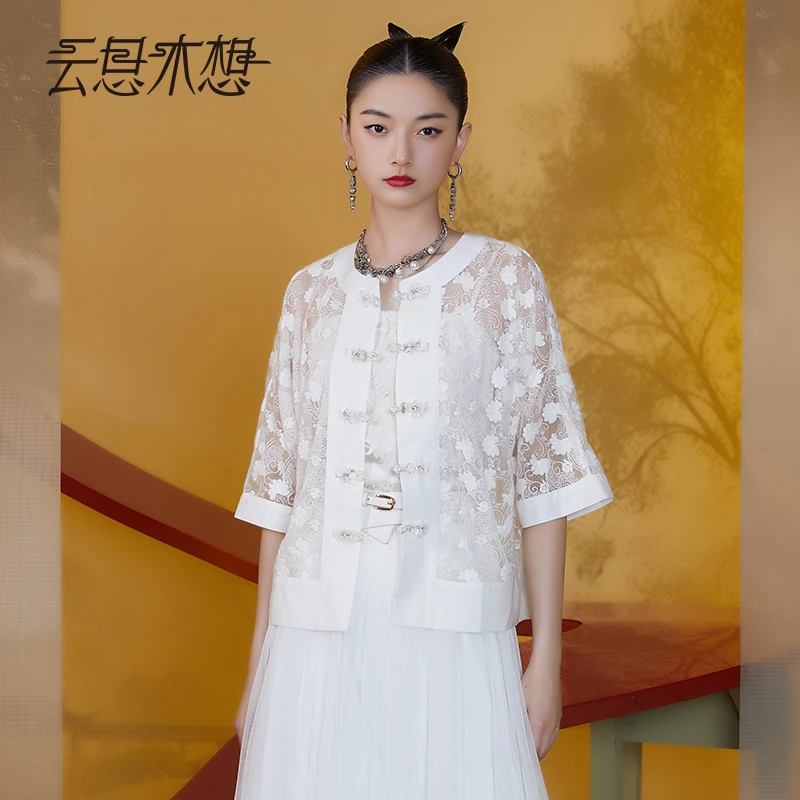 Ysimo-X云思木想新中式2024夏季新款亮片盘扣双色绣品短外套11513