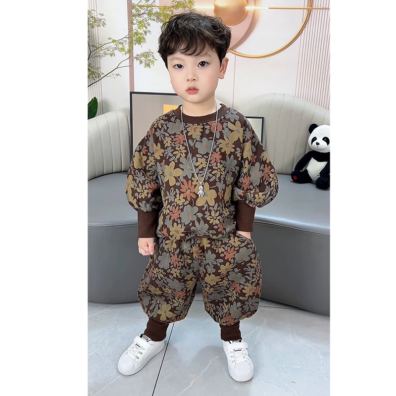 男女童春秋款2025新款儿童洋气时髦男宝宝碎花卫衣灯笼裤两件套