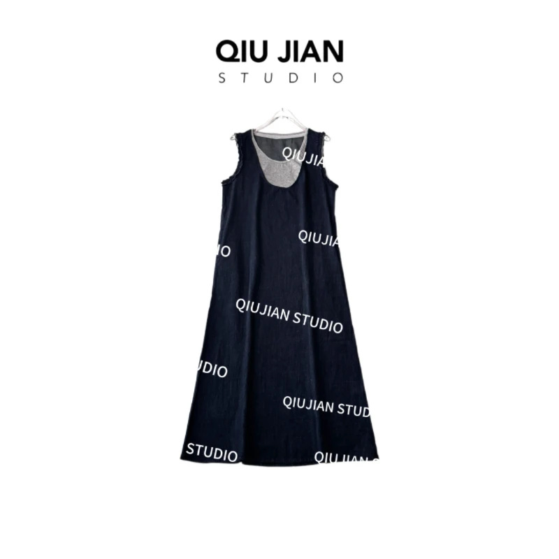 QIUJIAN【牛仔元素】DK-YYDS-005软牛仔假两件减龄无袖中长连衣裙