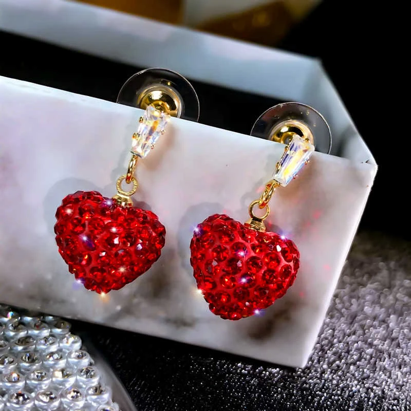 锌合金耳饰 新款喜庆红色满钻爱心耳钉时尚简约心形耳坠甜美耳饰