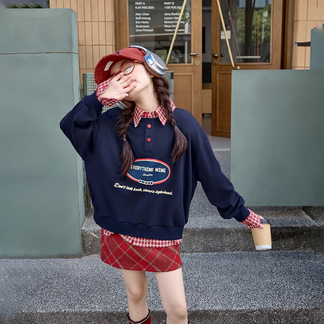 66公主女童卫衣新款秋装格子假两件潮流上衣25S202