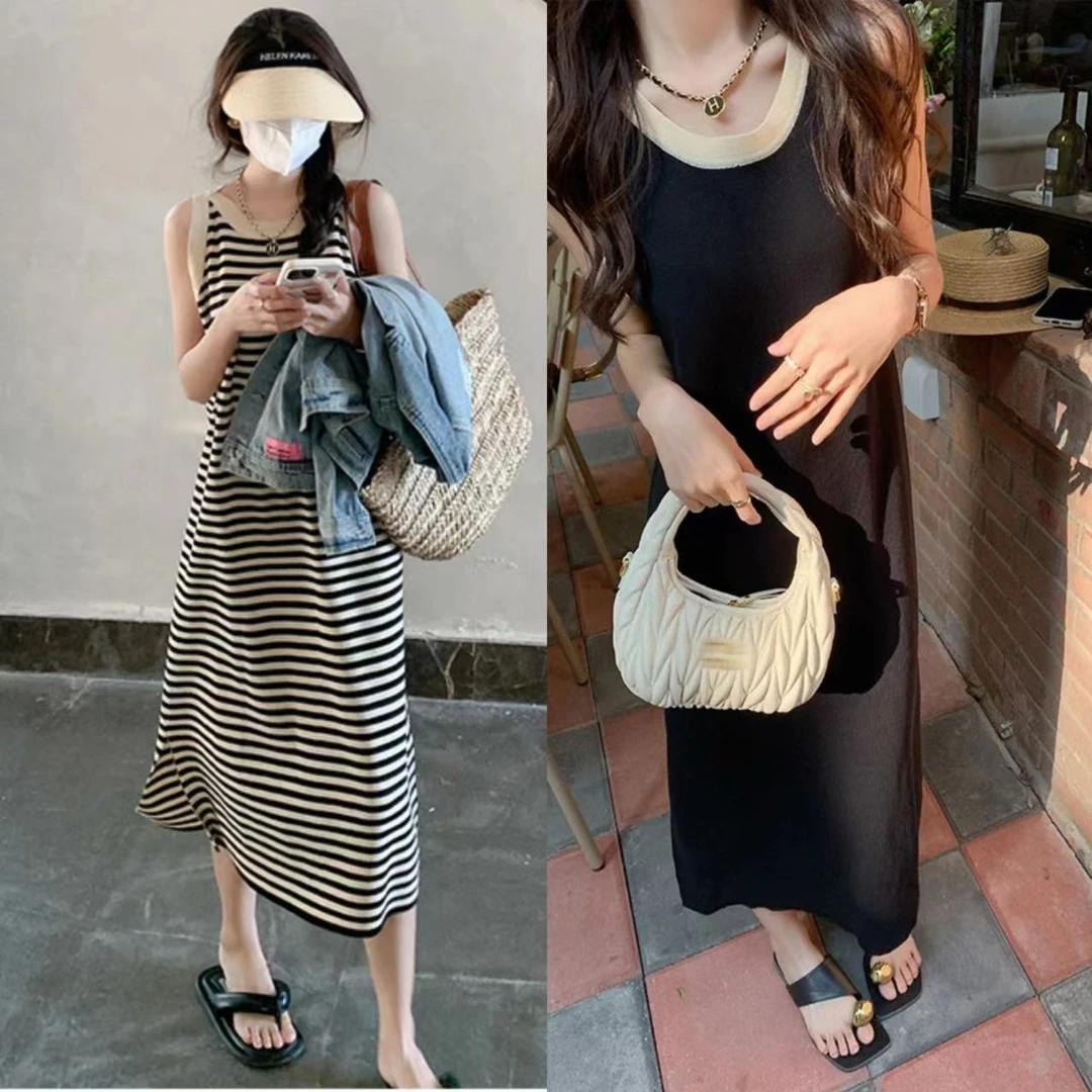 茶歇法式条纹无袖连衣裙女夏季韩版宽松显瘦长款针织背心裙小个子