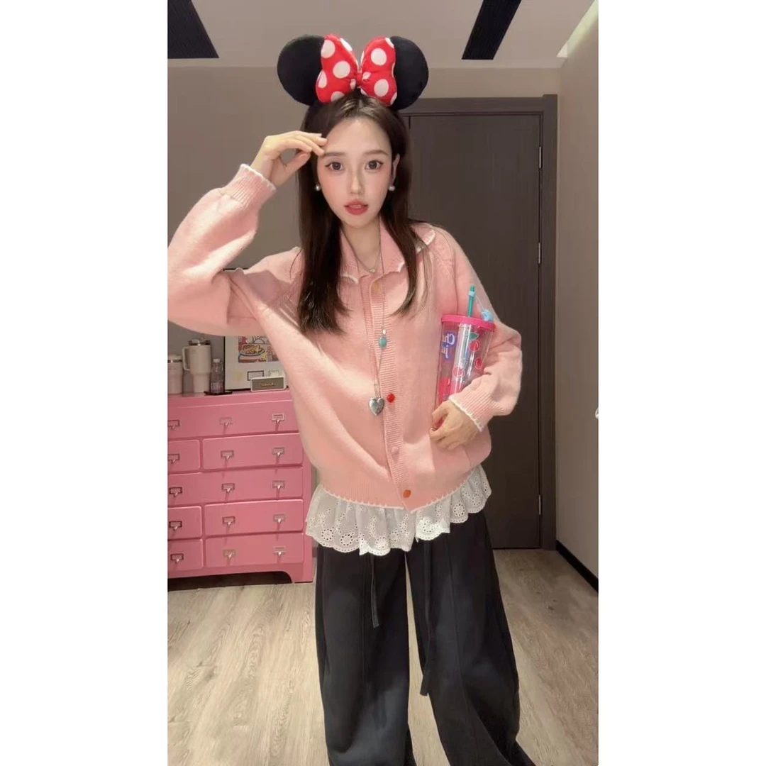 韩版慵懒风翻领新款毛衣开衫秋款设计感纽扣小众气质针织衫外穿