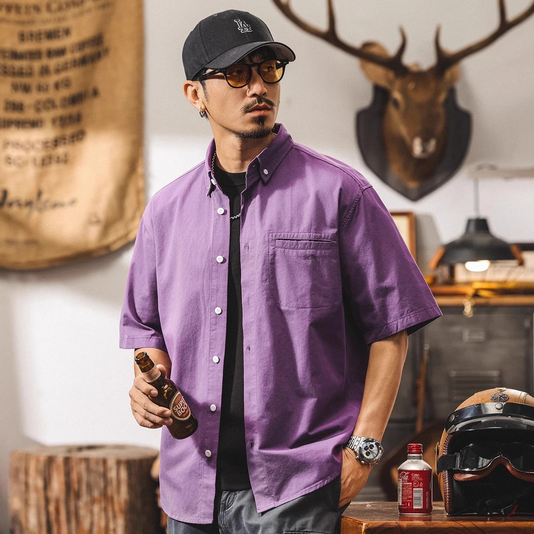 美式复古纯棉水洗男士短袖衬衫夏季潮牌宽松薄款男士紫色休闲上衣