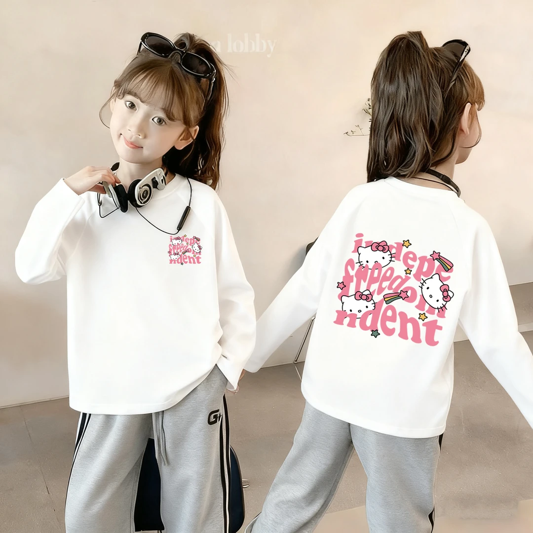 女童白色长袖t恤2025年春秋新款小女孩上衣中大童韩版卡通打底衫