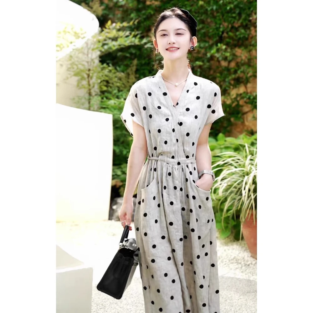 法式文艺风韩版裙子2025夏季气质名媛女神范高级感收腰波点连衣裙