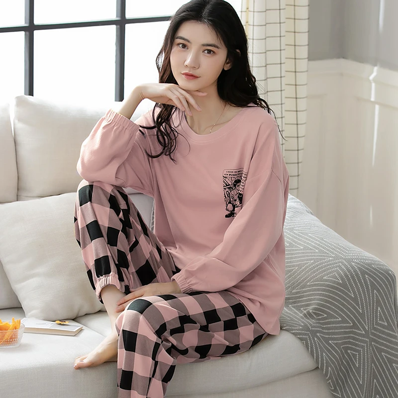 100%纯棉加厚睡衣女爆款秋冬季大码宽松可外穿休闲舒适套头家居服