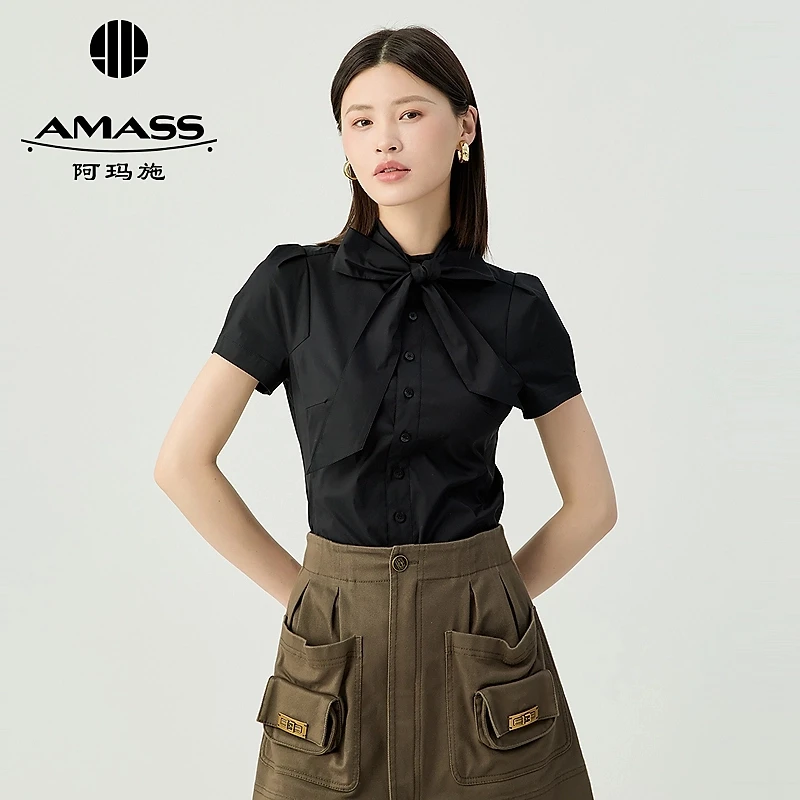 阿玛施AMASS 品质女装温柔俏皮圆领花苞袖短袖衬衫附领带530024