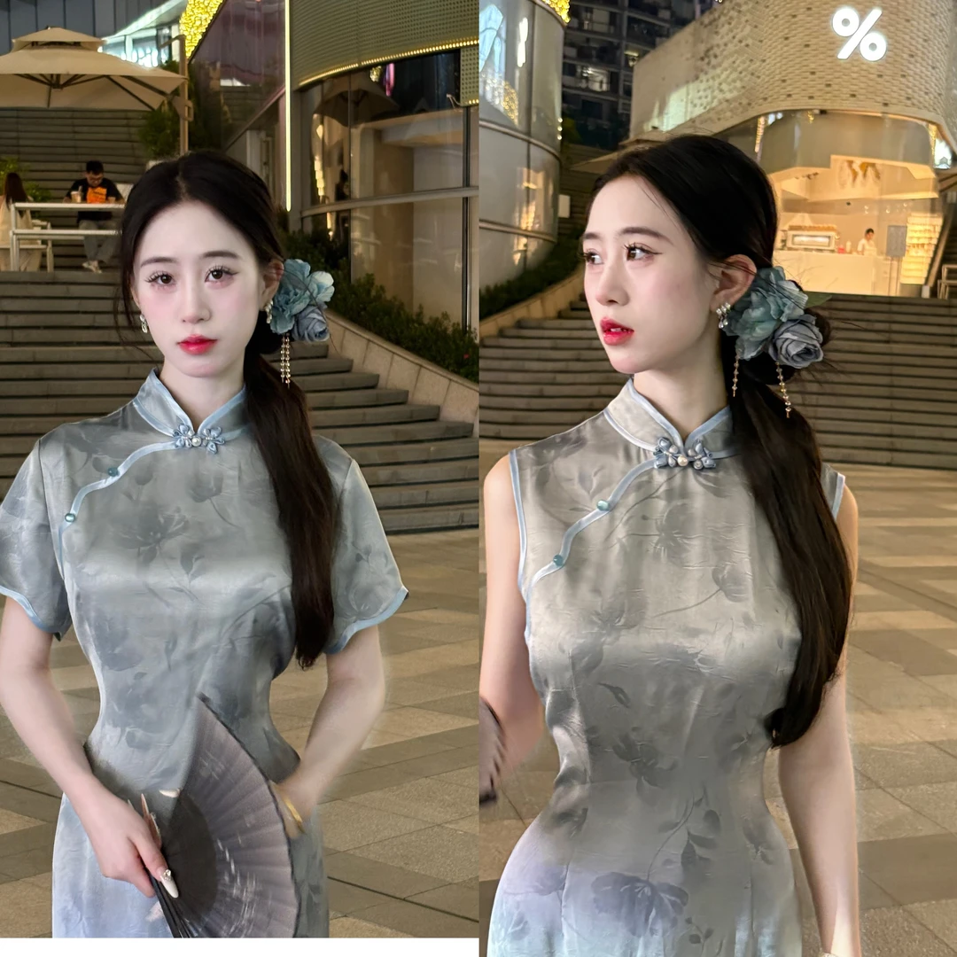 LHMknk1画报夫人原创自制改良夏季显瘦新中式国风旗袍 羽扇豆蓝色