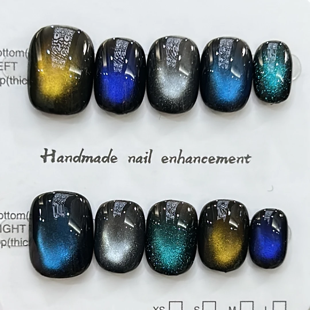 【黑底彩虹】超短美甲豆豆短方圆猫眼手工穿戴甲甲片