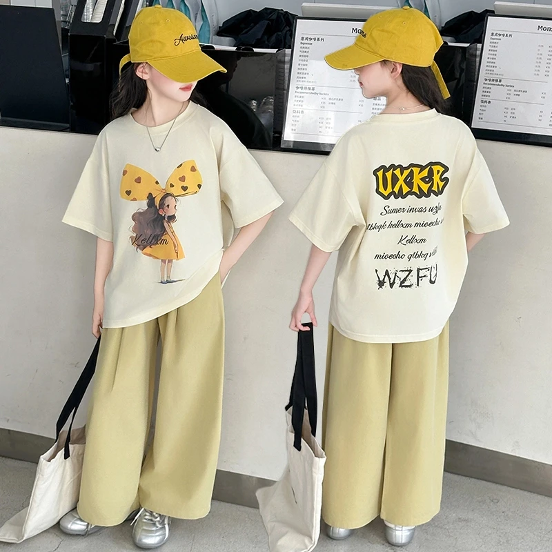 女童夏装韩版甜美短袖T恤2025新款6-12-15岁中大儿童时尚阔腿裤潮