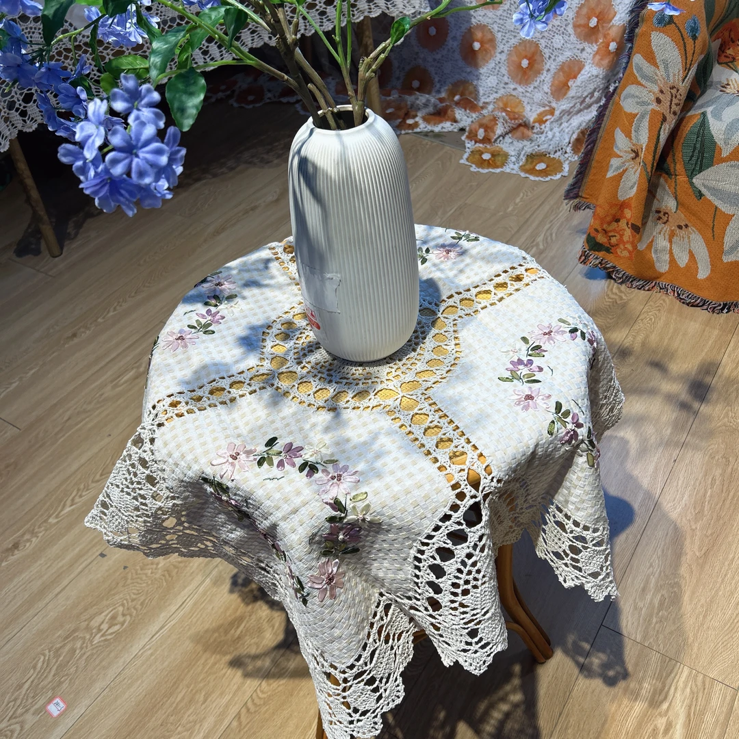 MX114-6棉麻质（85cm方）米色小花环镂空防尘盖巾