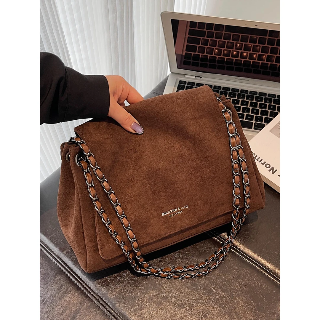 美拉德覆古麂皮绒包包女秋冬高级感炼条单肩包上班通勤百搭斜挎包