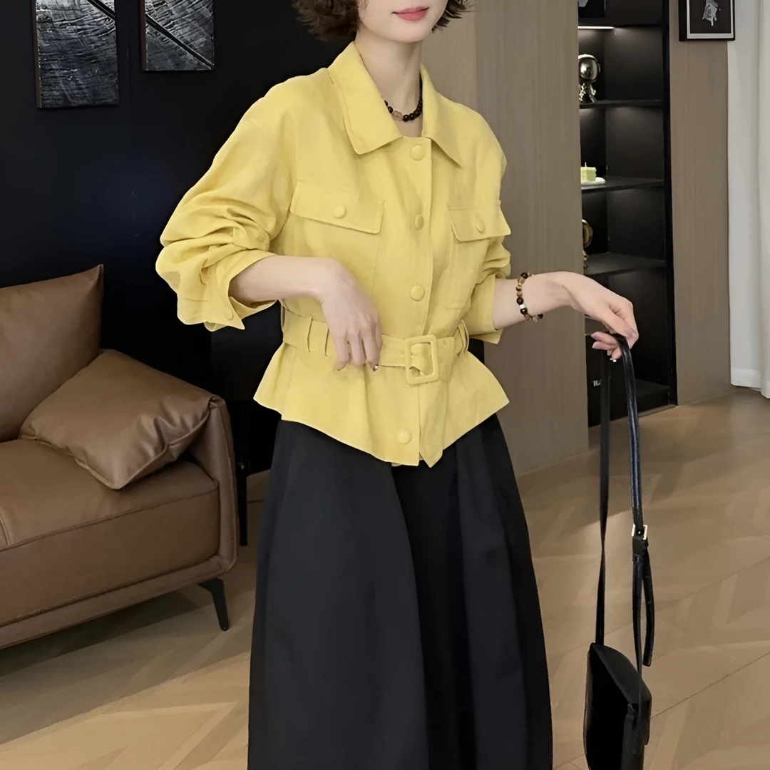 2025小个子黄色短款外套女春季高级感小众洋气腰带显瘦收腰衬衫女