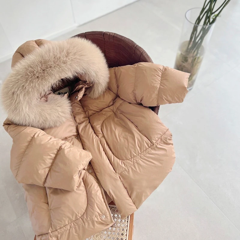 100g以下儿童羽绒服中长款加厚23冬季新款大毛领男童羽绒服冬季女