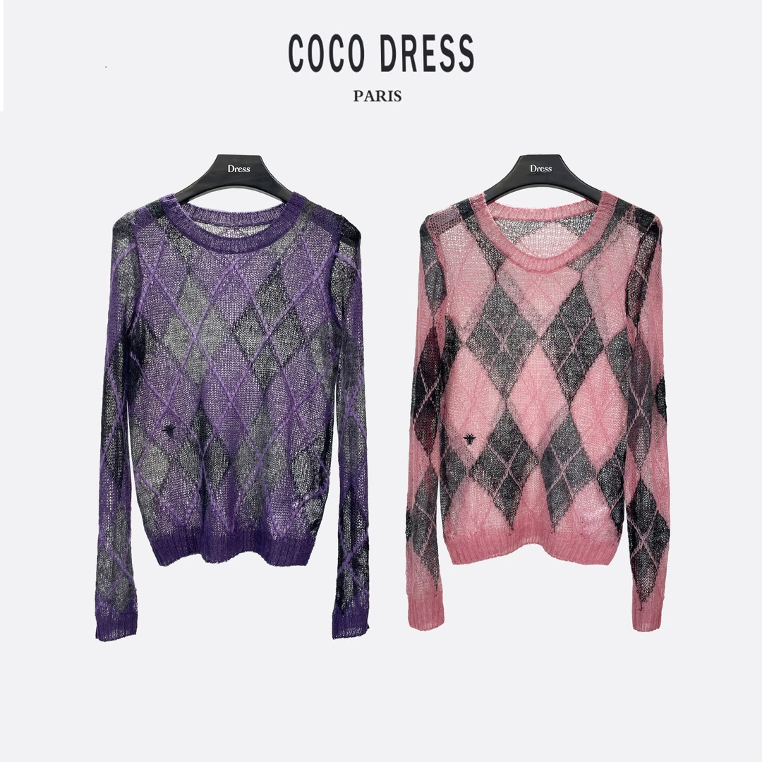 菱形格紫色马海毛小香风圆领气质镂空长袖毛针织衫