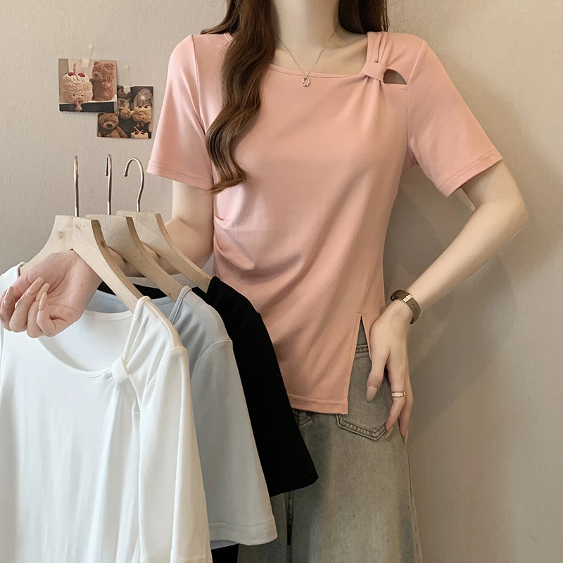 2025夏装新款胖mm大码女时尚设计感上衣扭结不规则短袖T恤33860