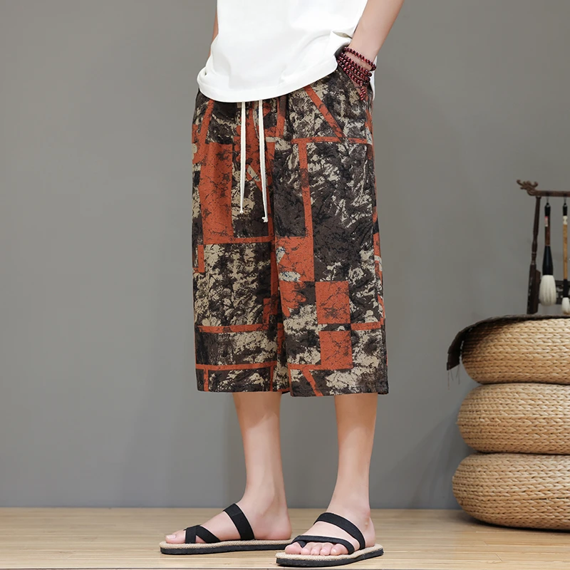 夏季阔腿裤中国风印花潮牌七分裤男宽松休闲短裤加大码直筒运动裤