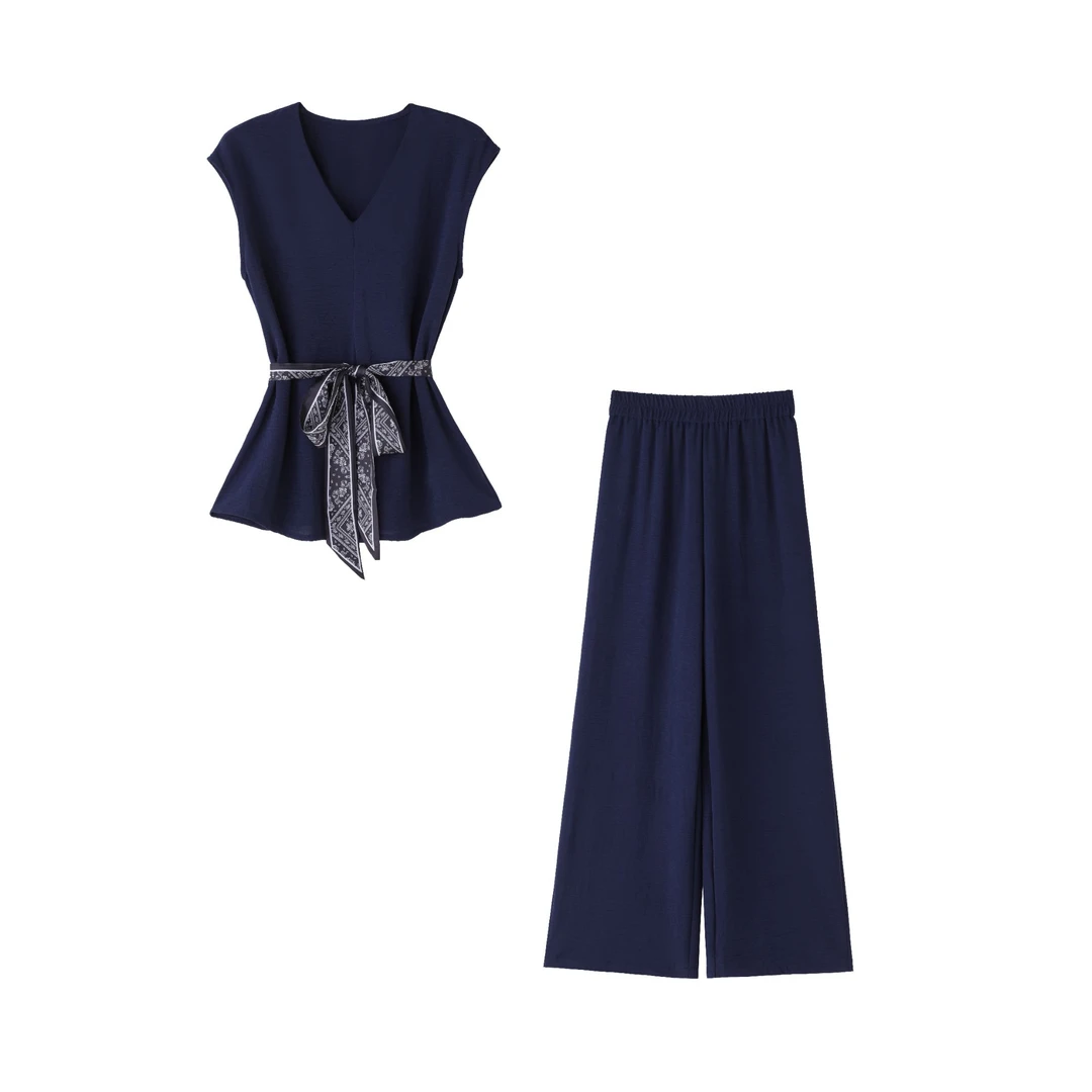 2025夏季新款韩版时尚V领收腰显瘦短袖上衣+阔腿裤两件套女L0229