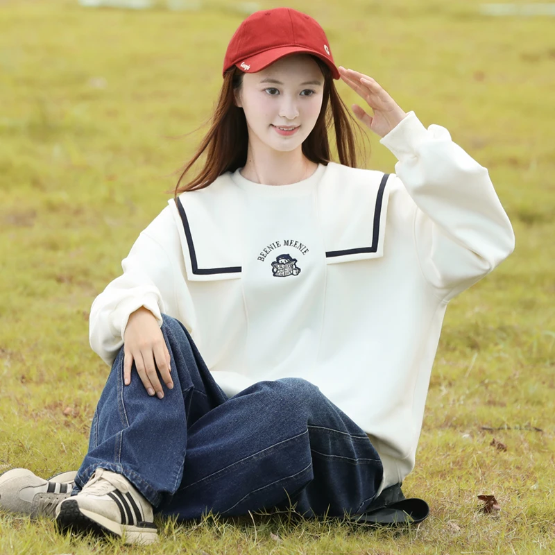 初中生卫衣女春秋季长袖上衣高中生学院风POLO衫学生韩版宽松大童