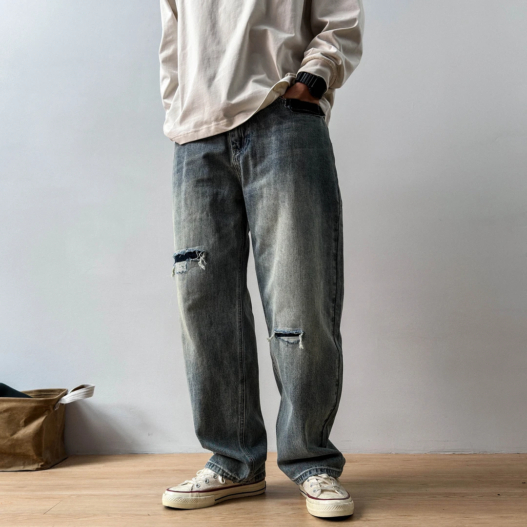 美式直筒补丁破洞牛仔裤男士秋季水洗潮流宽松休闲微锥痞帅潮裤子