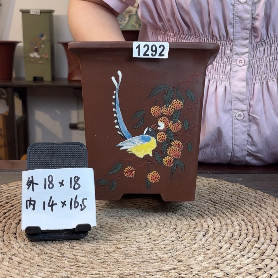 紫砂花盆  紫泥荔枝手绘四方1292