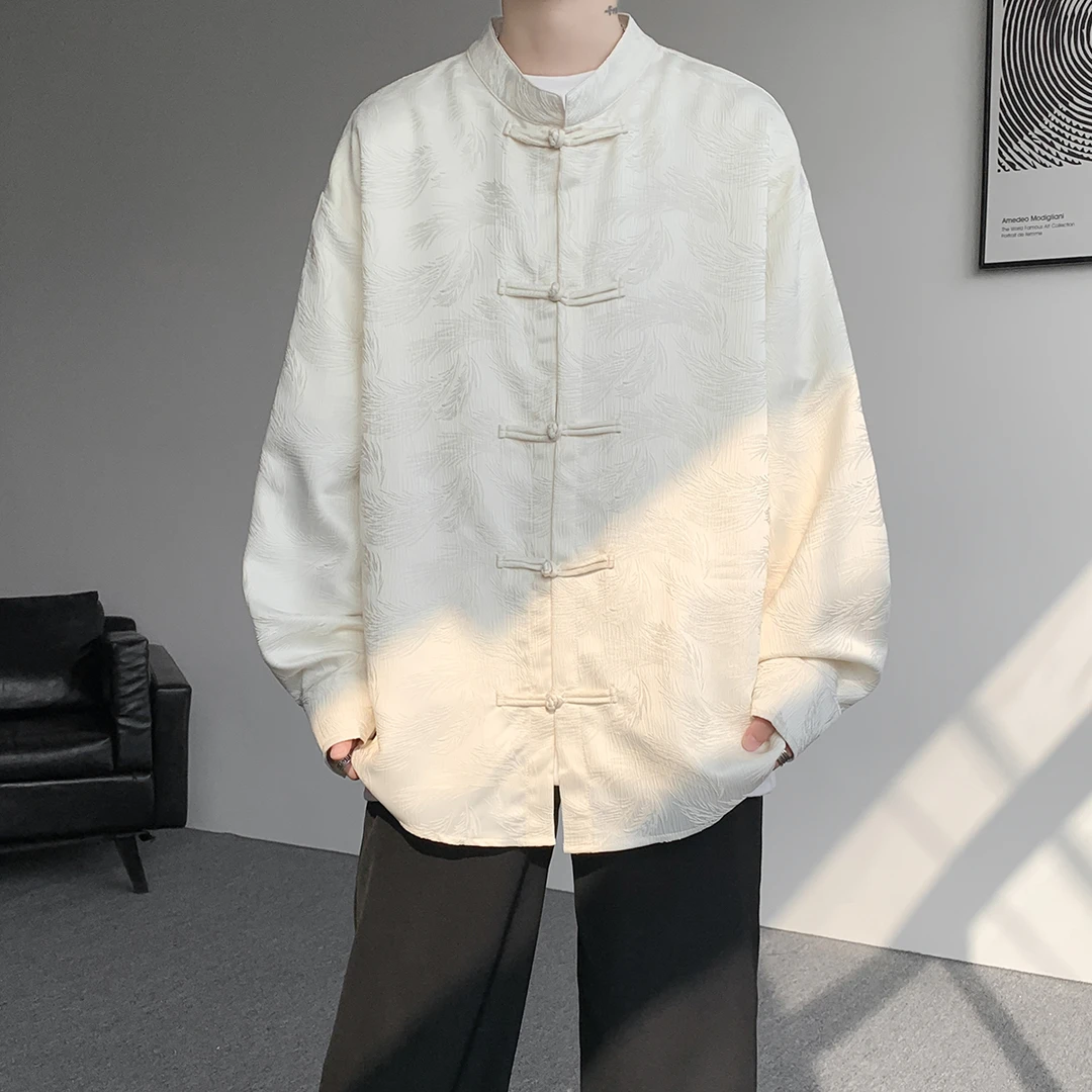 中山装茶服外套男款提花长袖衬衫秋季新中式国风唐装宽松汉服衬衣