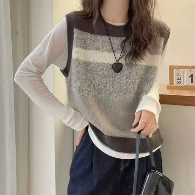 韩版撞色提花时尚宽松外搭背心马甲圆领无袖女针织衫-9659