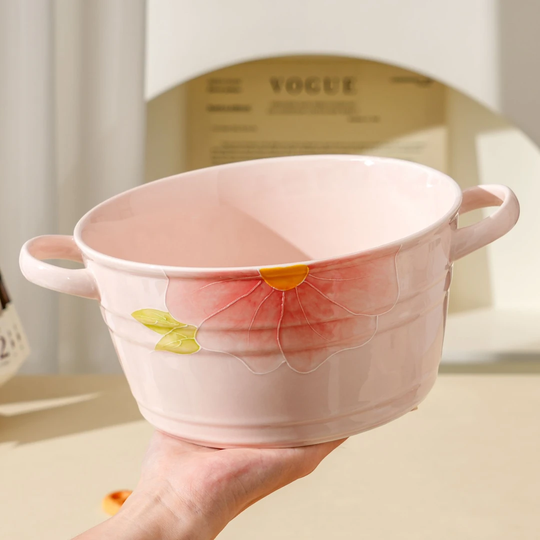 【清晨物语】大容量双线大汤碗双耳汤碗陶瓷高温手绘浮雕釉下彩汤碗