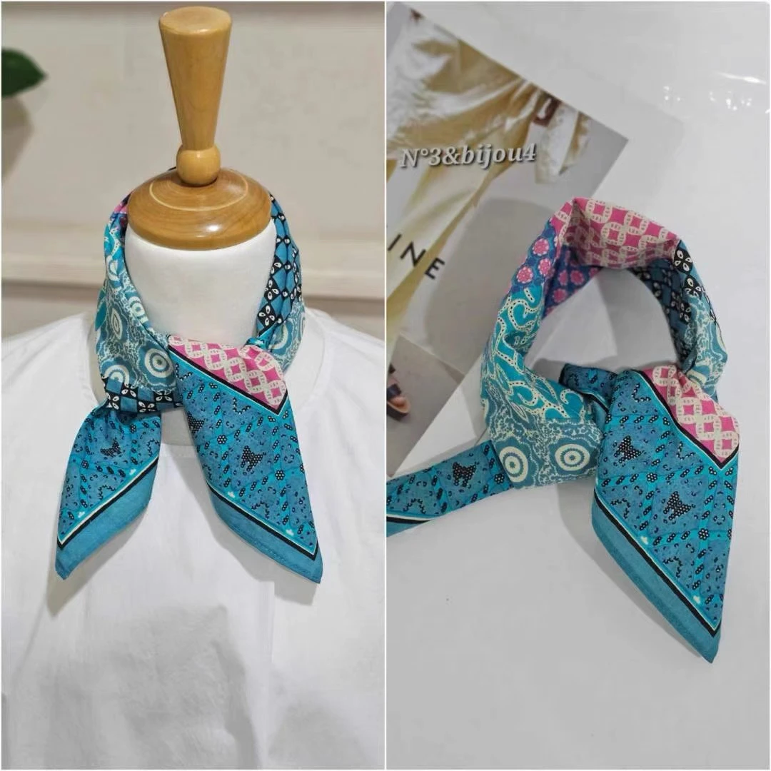 韩代N新款时尚百搭洋气新潮柔软舒适复古纹拼色小方巾丝巾