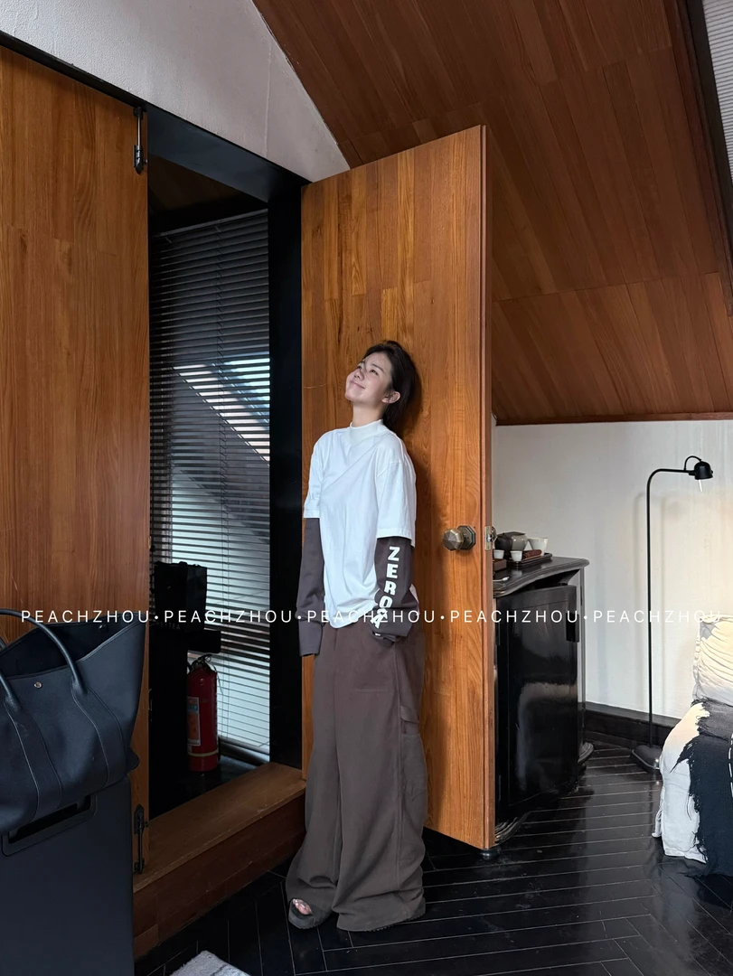 『PEACHZHOU』天丝棉麻工装口袋宽松系扣伐木休闲裤松紧腰阔腿长裤