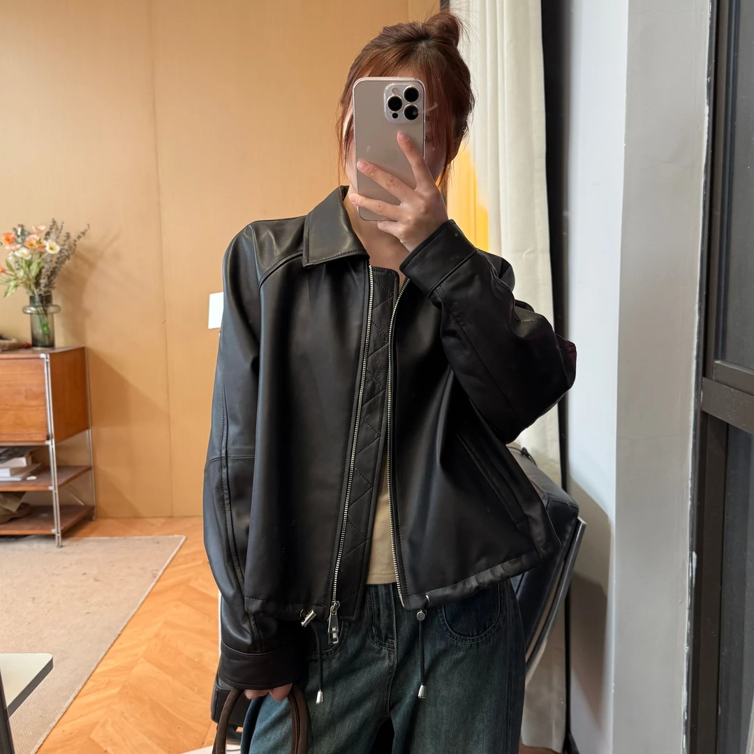 【QZ】【经典】2025新款 头层绵羊真皮皮衣黑色翻领皮衣夹克外套女