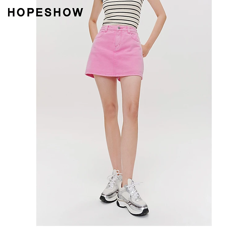 红袖春季2024新款女装 纯色高腰一粒扣A字牛仔裙裤89124091304